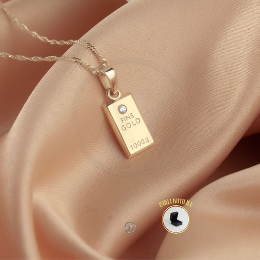 14 Ayar Altın Kolye - 2.25 Gr. | Singapur Zincirli Külçe Kolye, Işıklı Kutulu-Garanti Belgeli-Karton Çantalı