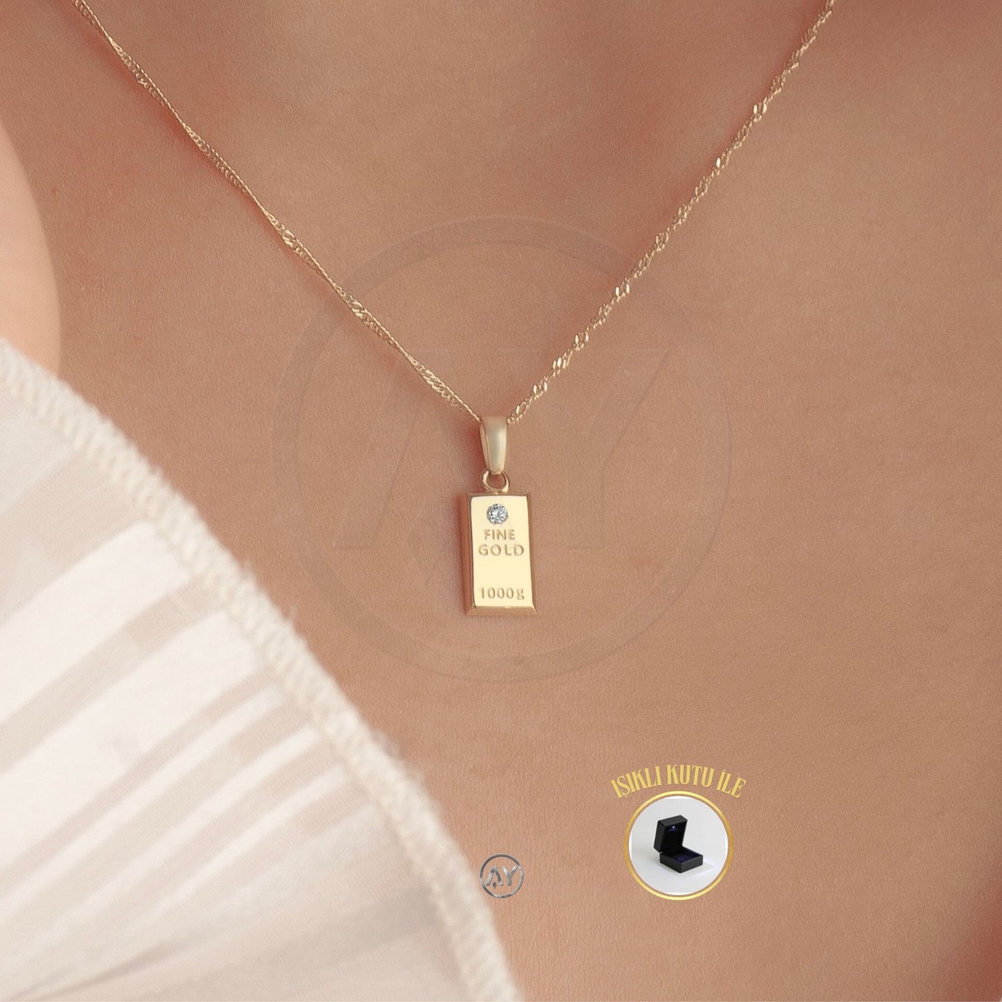 14 Ayar Altın Kolye - 2.25 Gr. | Singapur Zincirli Külçe Kolye, Işıklı Kutulu-Garanti Belgeli-Karton Çantalı