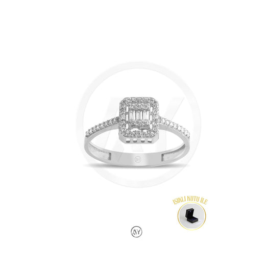 14 Ayar Altın Yüzük - 1.70 Gr. | Baget Model - Kenar Zirkon Taşlı Beyaz Altın, Işıklı Kutulu & Garanti Belgeli & Karton Çantalı