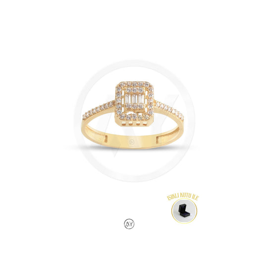 14 Ayar Altın Yüzük - 1.70 Gr. | Baget Model - Kenar Zirkon Taşlı Sarı Altın, Işıklı Kutulu & Garanti Belgeli & Karton Çantalı