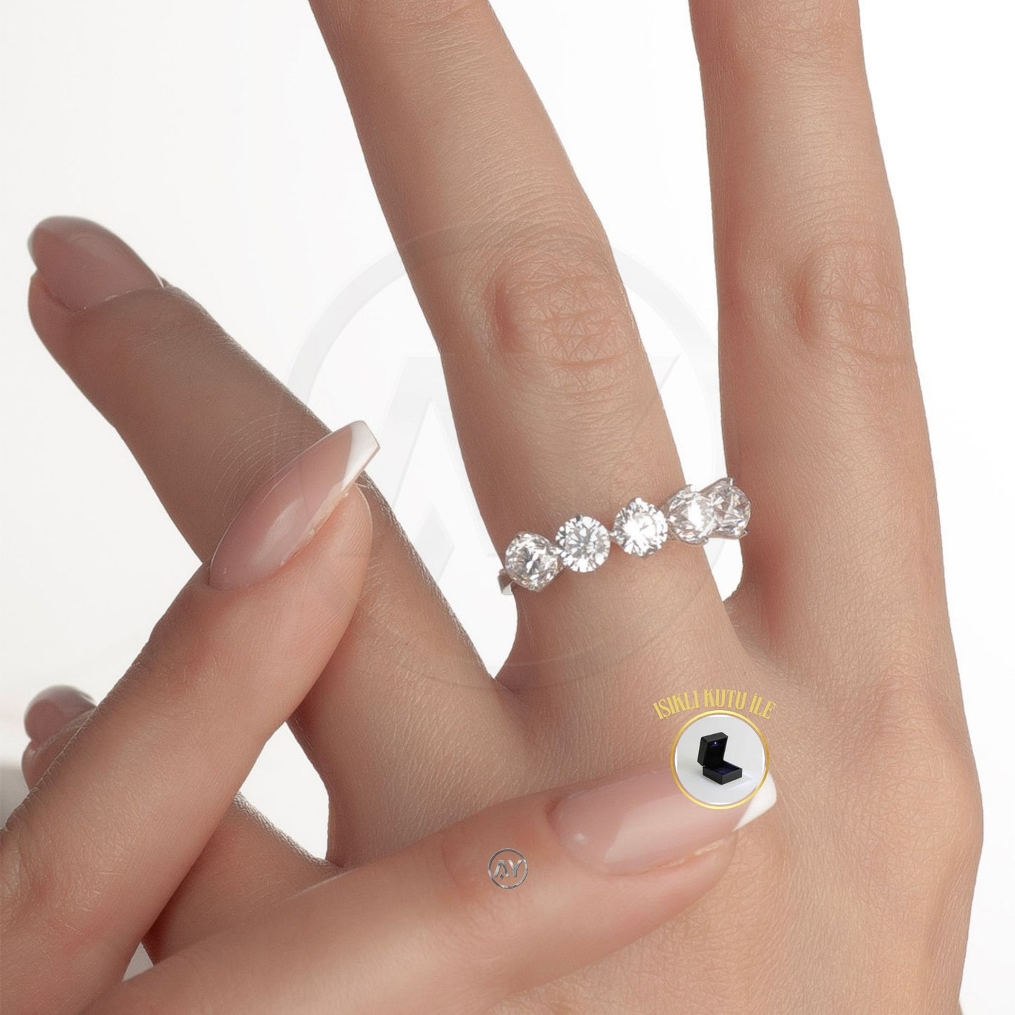 14 Ayar Altın Yüzük – 3.0 Gr. | Beyaz Altın Zirkon Beştaş Yüzük, Işıklı Kutulu & Garanti Belgeli & Karton Çantalı