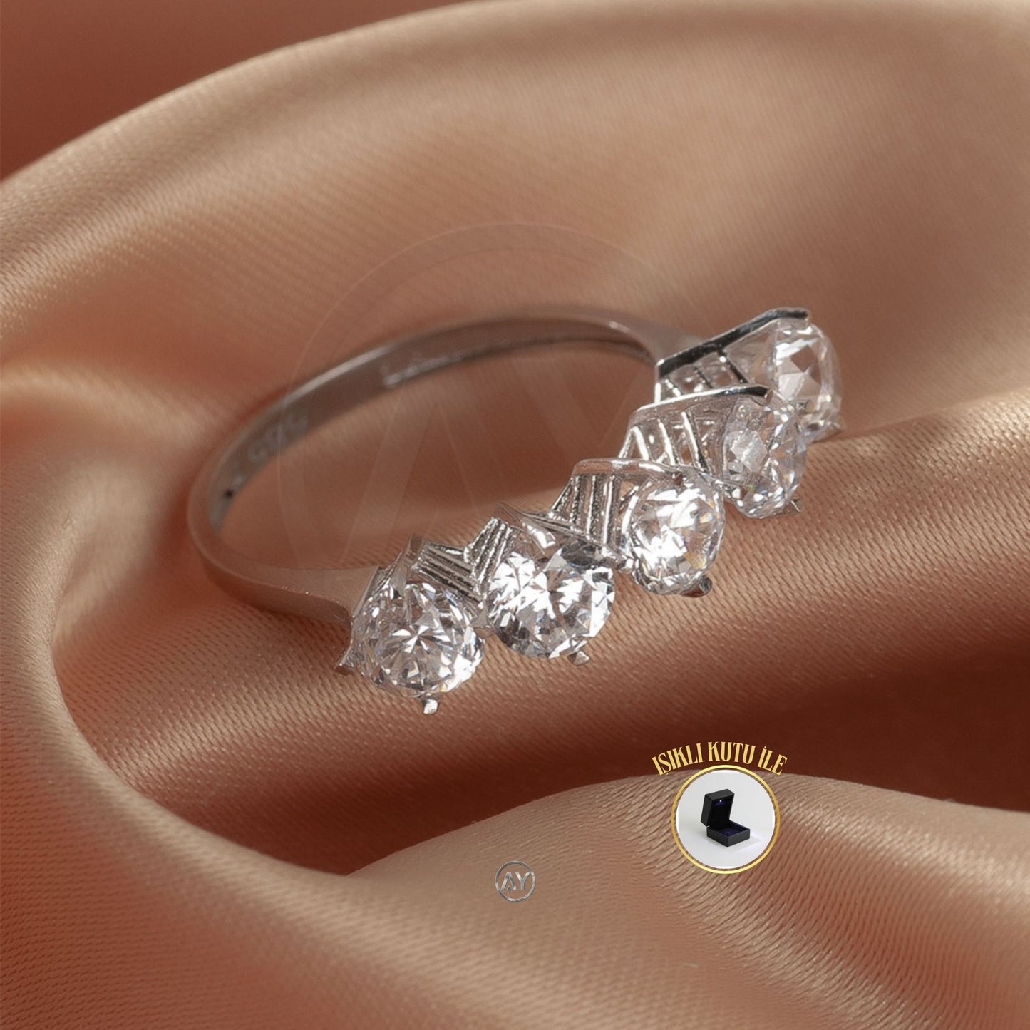 14 Ayar Altın Yüzük – 3.0 Gr. | Beyaz Altın Zirkon Beştaş Yüzük, Işıklı Kutulu & Garanti Belgeli & Karton Çantalı