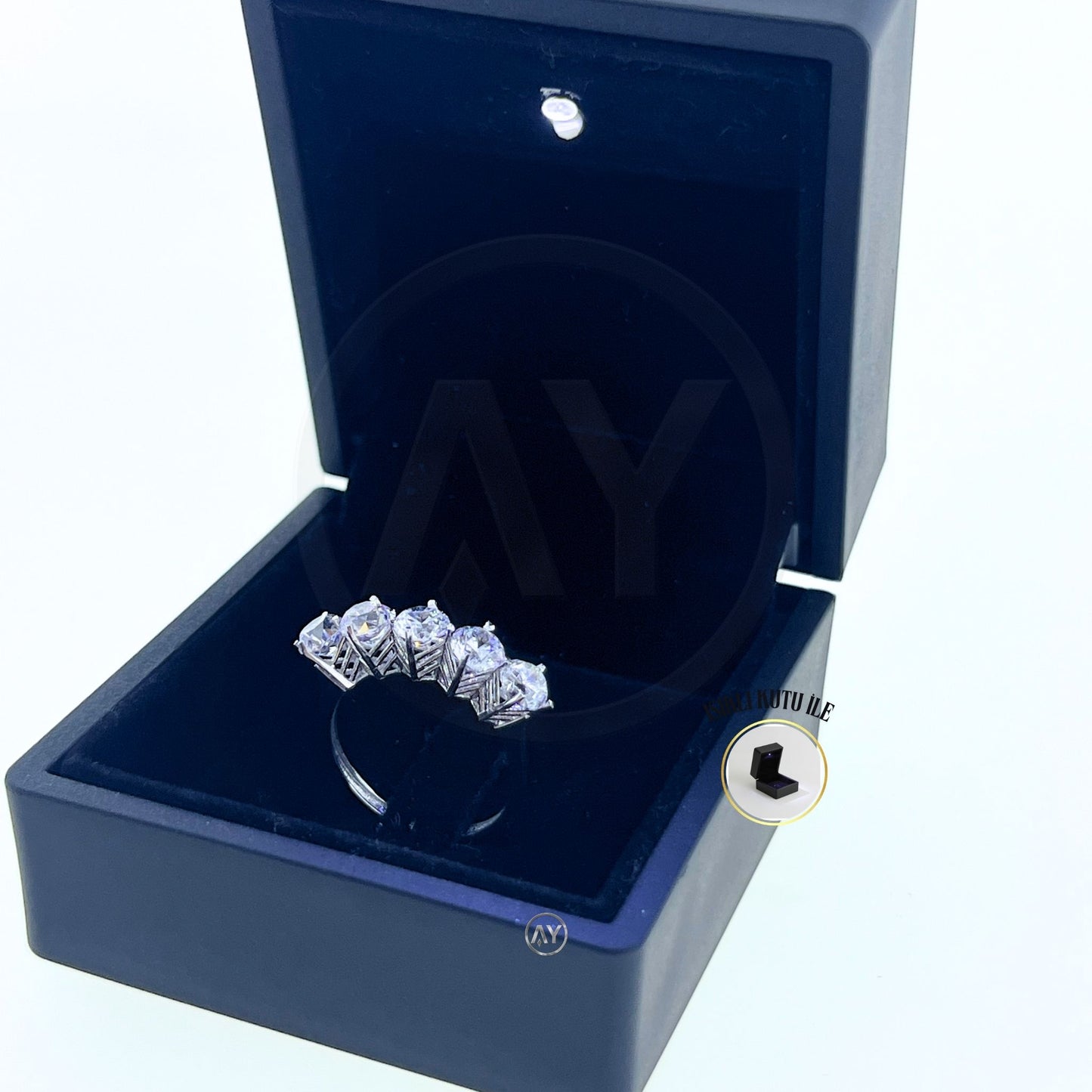 14 Ayar Altın Yüzük – 3.0 Gr. | Beyaz Altın Zirkon Beştaş Yüzük, Işıklı Kutulu & Garanti Belgeli & Karton Çantalı