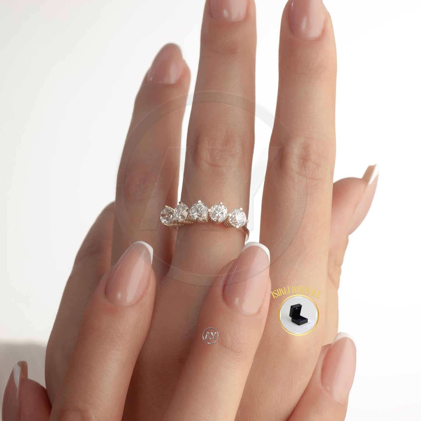 14 Ayar Altın Yüzük – 3.40 Gr. | Sarı Altın Zirkon Beştaş Yüzük, Işıklı Kutulu & Garanti Belgeli & Karton Çantalı