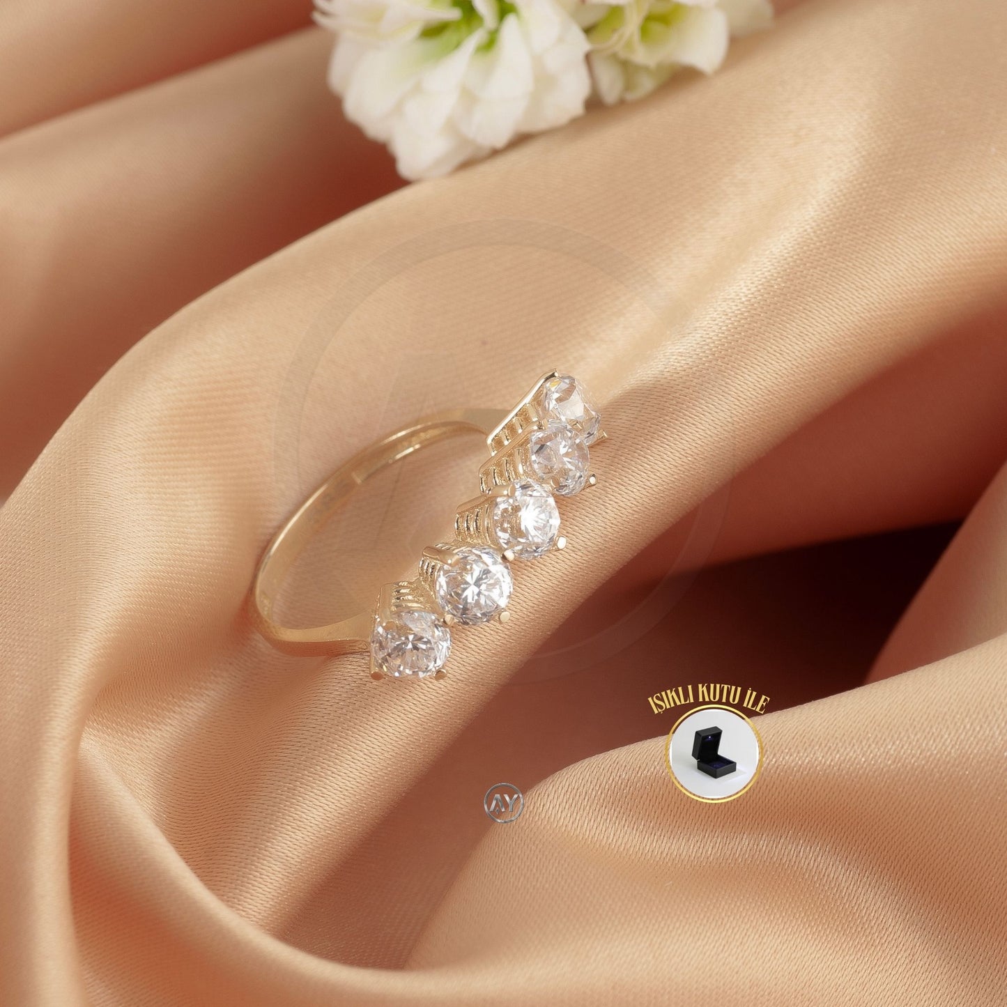 14 Ayar Altın Yüzük – 3.40 Gr. | Sarı Altın Zirkon Beştaş Yüzük, Işıklı Kutulu & Garanti Belgeli & Karton Çantalı