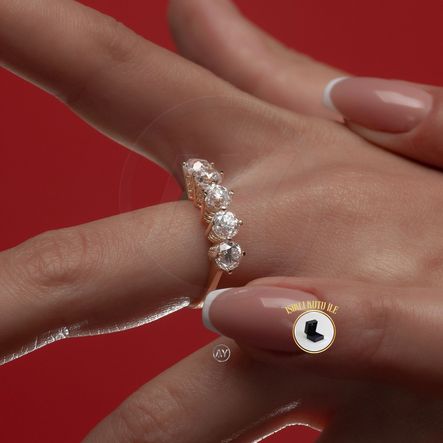 14 Ayar Altın Yüzük – 3.40 Gr. | Sarı Altın Zirkon Beştaş Yüzük, Işıklı Kutulu & Garanti Belgeli & Karton Çantalı