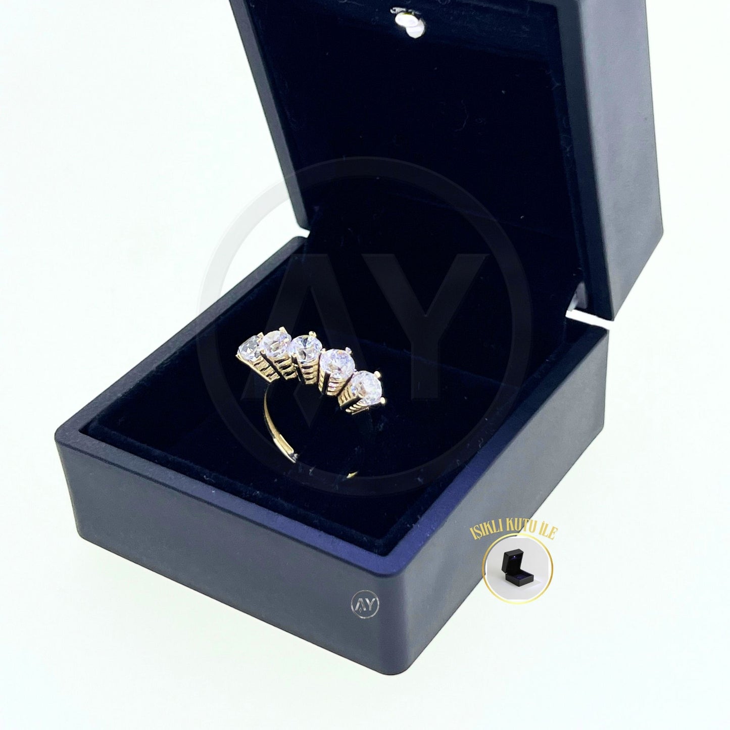 14 Ayar Altın Yüzük – 3.40 Gr. | Sarı Altın Zirkon Beştaş Yüzük, Işıklı Kutulu & Garanti Belgeli & Karton Çantalı