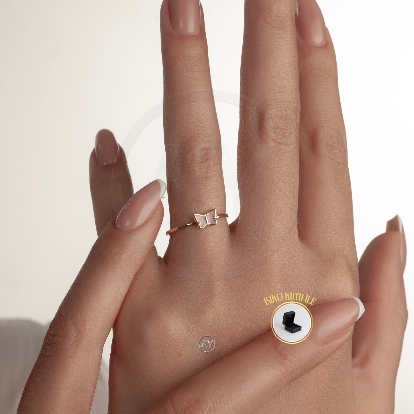 14 Ayar Altın Yüzük - 1.15 Gr. | Mineli Kelebek Çıtır Yüzük, Işıklı Kutulu & Garanti Belgeli & Karton Çantalı