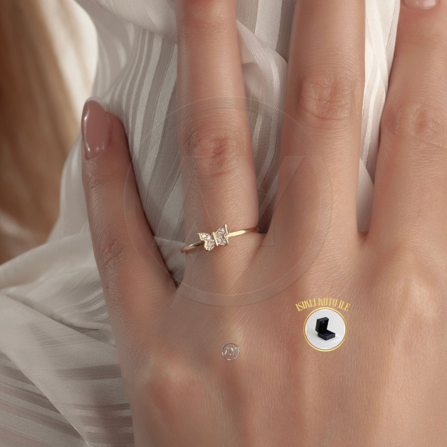 14 Ayar Altın Yüzük – 1.20 Gr. | Taşlı Kelebek Çıtır Yüzük, Işıklı Kutulu & Garanti Belgeli & Karton Çantalı