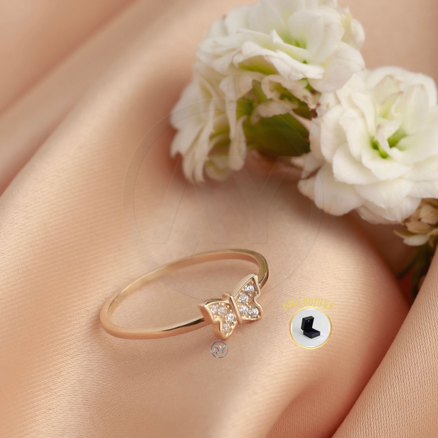 14 Ayar Altın Yüzük – 1.20 Gr. | Taşlı Kelebek Çıtır Yüzük, Işıklı Kutulu & Garanti Belgeli & Karton Çantalı