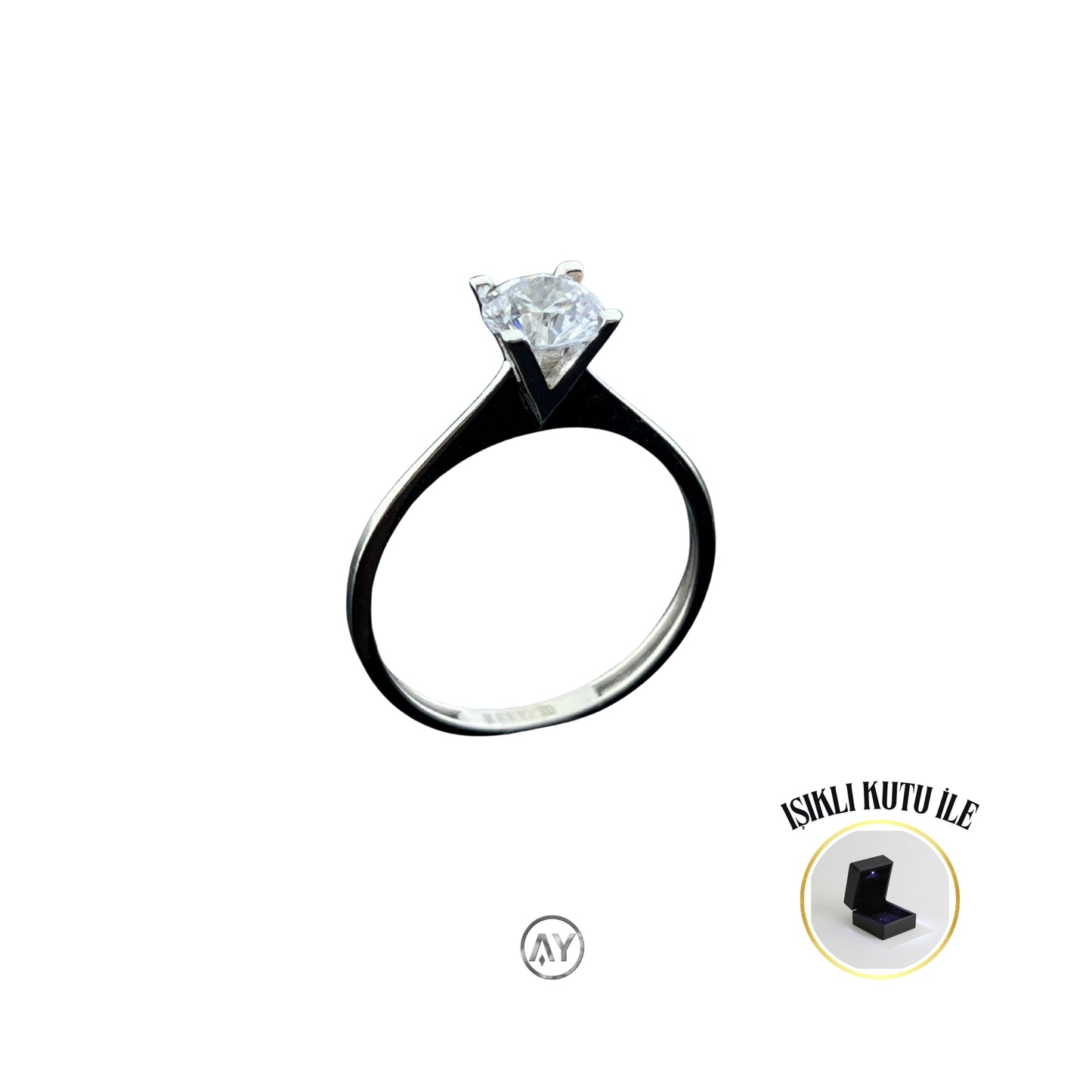 8 Ayar Altın Yüzük - 1.20 Gr. | Takoz Tırnaklı Beyaz Tektaş, Işıklı Kutulu & Garanti Belgeli & Karton Çantalı