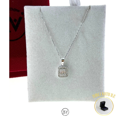 14 Ayar Altın Kolye - 1.80 Gr. | Zirkon Taşlı Baget Yüzük, Kutulu & Garanti Belgeli & Karton Çantalı