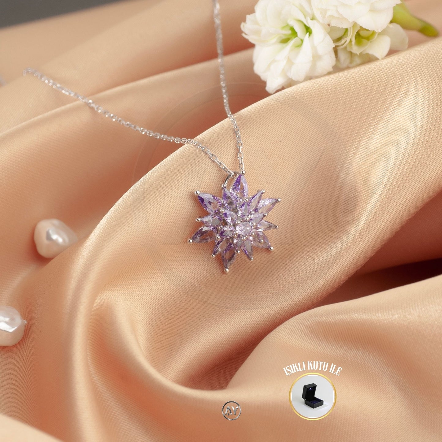 925 Ayar Gümüş Mor Işıltılı Lotus Çiçeği Kolye