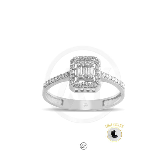 14 Ayar Altın Yüzük - 1.70 Gr. | Baget Model - Kenar Zirkon Taşlı Beyaz Altın, Işıklı Kutulu & Garanti Belgeli & Karton Çantalı