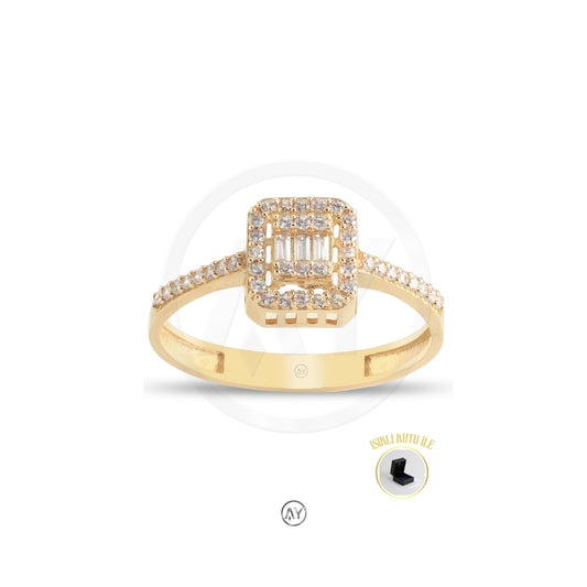 14 Ayar Altın Yüzük - 1.70 Gr. | Baget Model - Kenar Zirkon Taşlı Sarı Altın, Işıklı Kutulu & Garanti Belgeli & Karton Çantalı