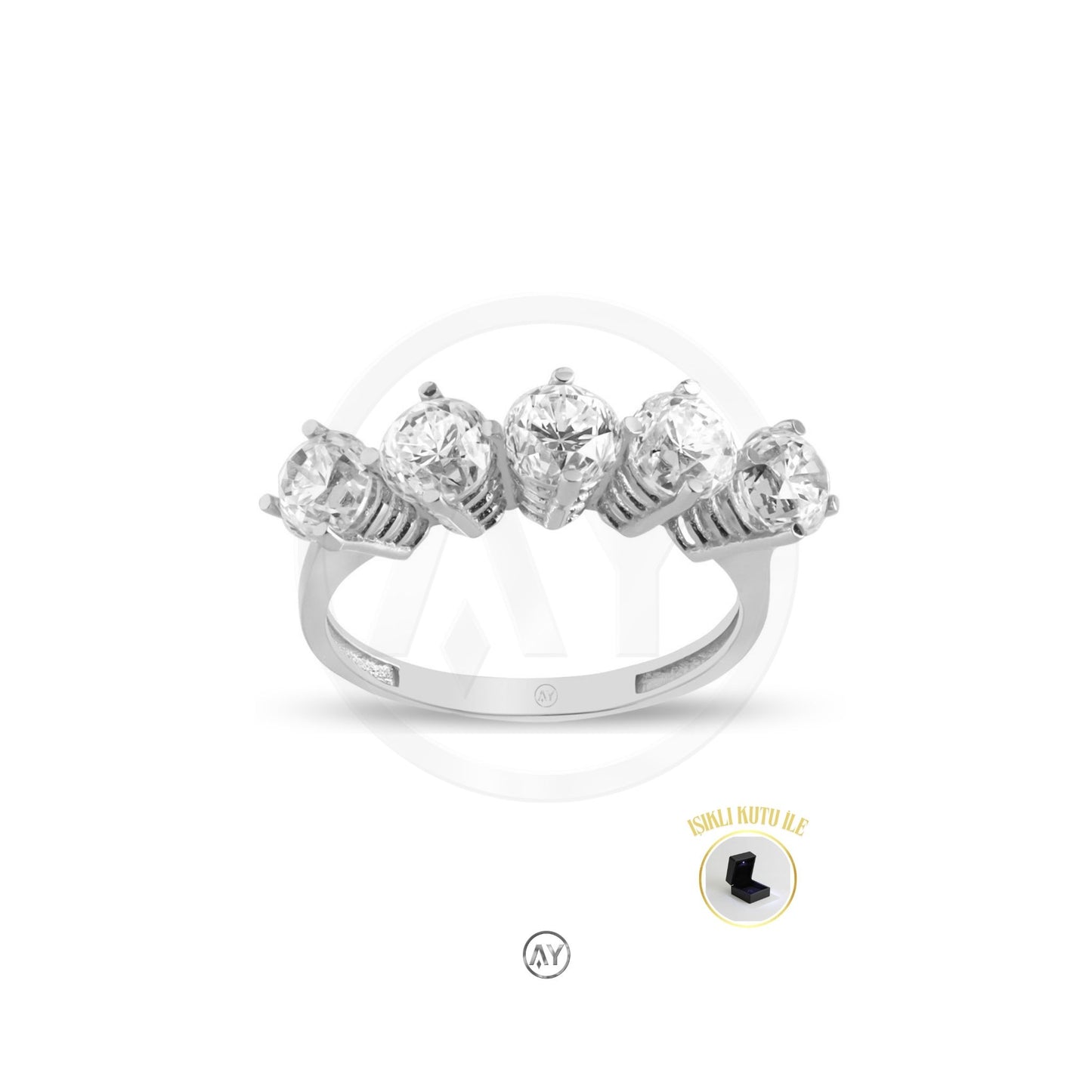 14 Ayar Altın Yüzük – 3.0 Gr. | Beyaz Altın Zirkon Beştaş Yüzük, Işıklı Kutulu & Garanti Belgeli & Karton Çantalı