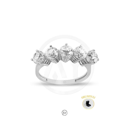 14 Ayar Altın Yüzük – 3.0 Gr. | Beyaz Altın Zirkon Beştaş Yüzük, Işıklı Kutulu & Garanti Belgeli & Karton Çantalı