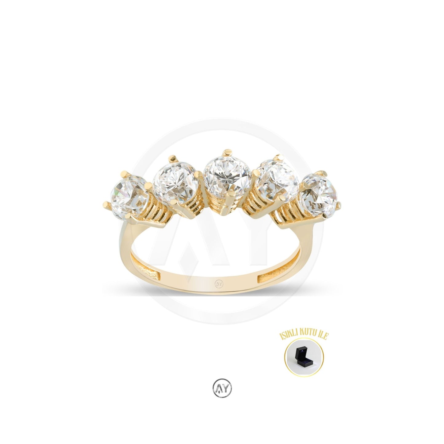14 Ayar Altın Yüzük – 3.40 Gr. | Sarı Altın Zirkon Beştaş Yüzük, Işıklı Kutulu & Garanti Belgeli & Karton Çantalı