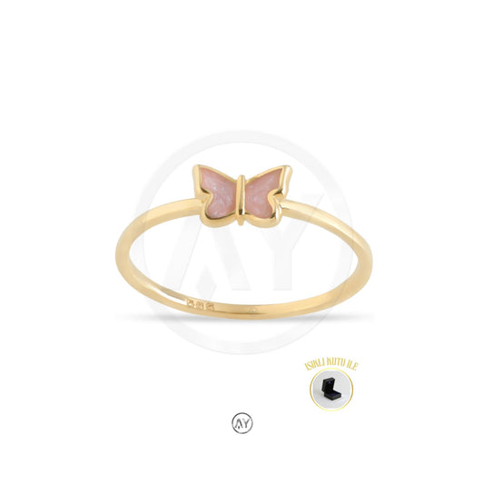 14 Ayar Altın Yüzük - 1.15 Gr. | Mineli Kelebek Çıtır Yüzük, Işıklı Kutulu & Garanti Belgeli & Karton Çantalı