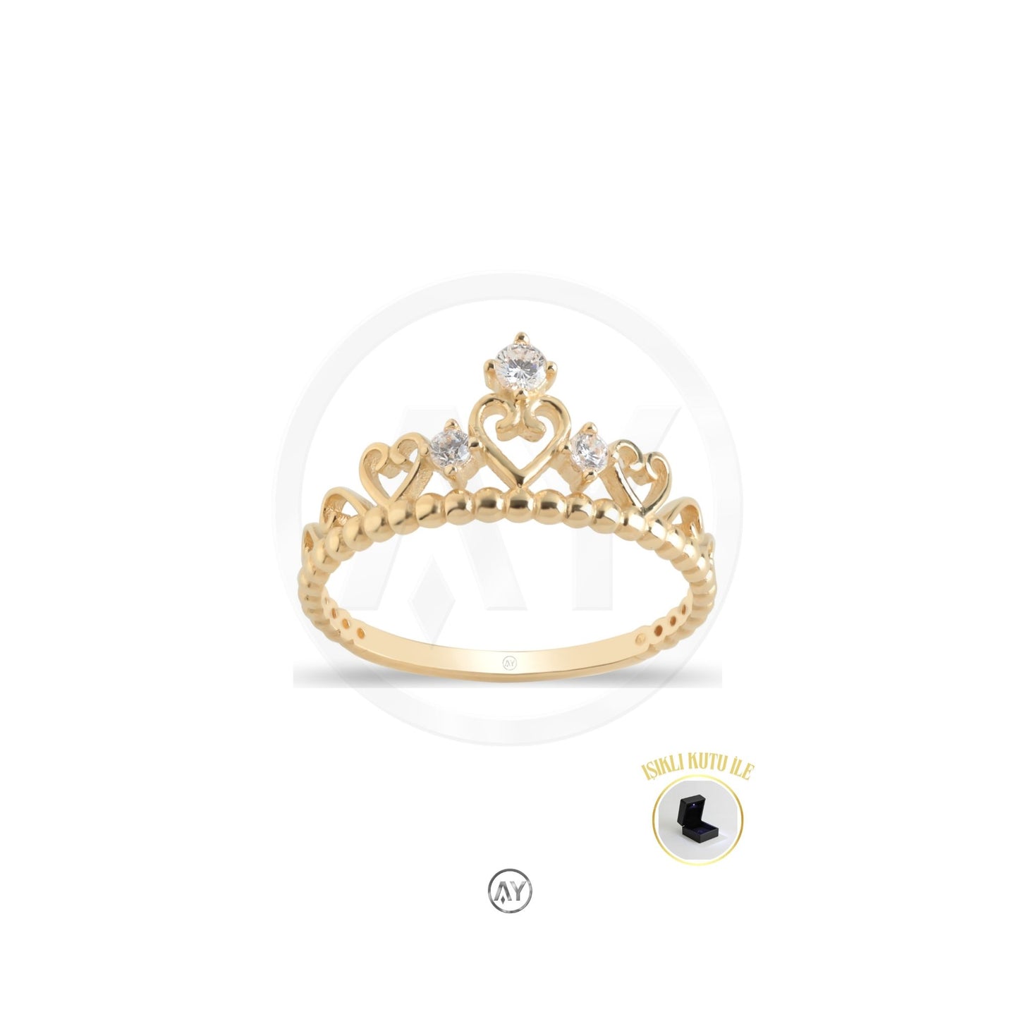 14 Ayar Altın Yüzük – 1.85 Gr. | Prenses Tacı Çıtır Yüzük, Işıklı Kutulu & Garanti Belgeli & Karton Çantalı