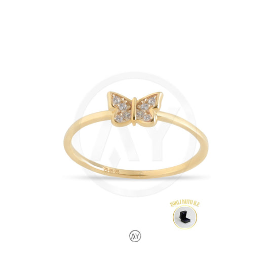 14 Ayar Altın Yüzük – 1.20 Gr. | Taşlı Kelebek Çıtır Yüzük, Işıklı Kutulu & Garanti Belgeli & Karton Çantalı